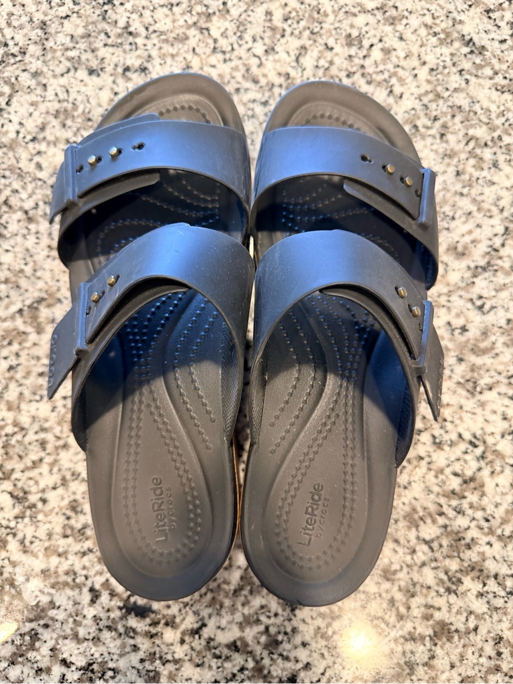 CROCS Women’s Double Buckle Slide Sandals in Dark Blue/Gray
